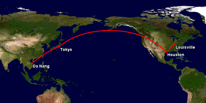Bay từ Đà Nẵng đến Louisville qua Tokyo, Houston