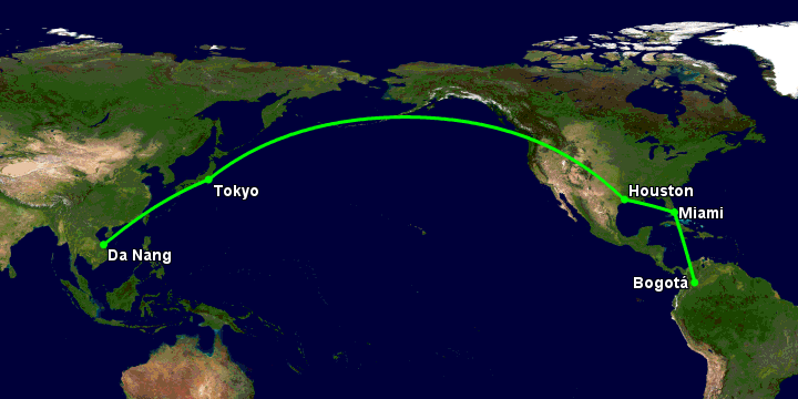 Bay từ Đà Nẵng đến Bogota qua Tokyo, Houston, Miami