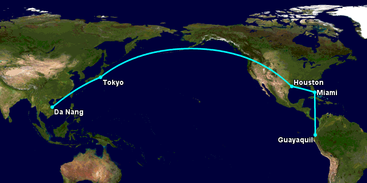 Bay từ Đà Nẵng đến Guayaquil qua Tokyo, Houston, Miami