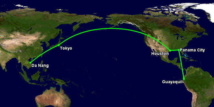 Bay từ Đà Nẵng đến Guayaquil qua Tokyo, Houston, Panama City