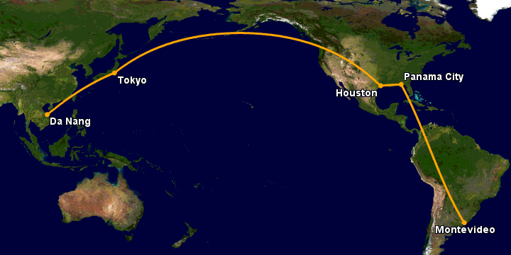 Bay từ Đà Nẵng đến Montevideo qua Tokyo, Houston, Panama City