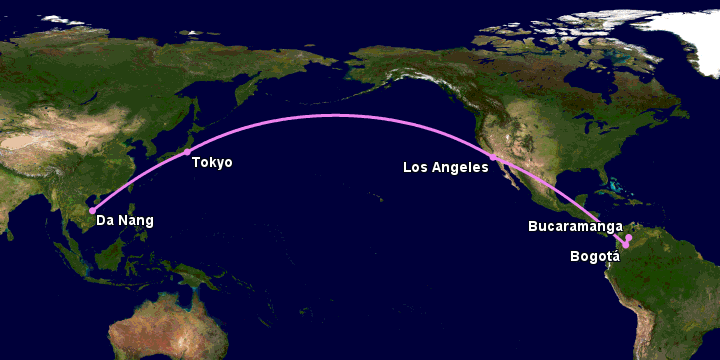 Bay từ Đà Nẵng đến Bucaramanga qua Tokyo, Los Angeles, Bogotá