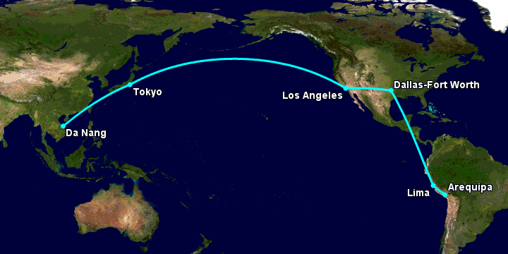 Bay từ Đà Nẵng đến Arequipa qua Tokyo, Los Angeles, Dallas, Lima