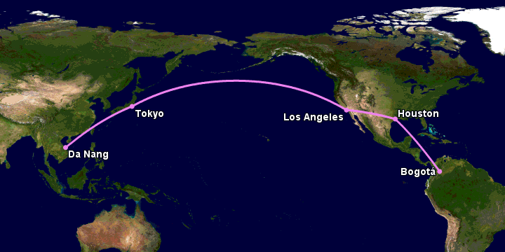Bay từ Đà Nẵng đến Bogota qua Tokyo, Los Angeles, Houston