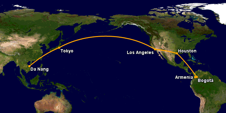 Bay từ Đà Nẵng đến Armenia qua Tokyo, Los Angeles, Houston, Bogotá