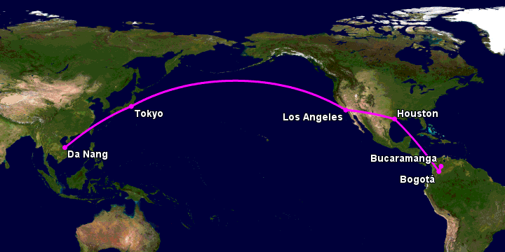 Bay từ Đà Nẵng đến Bucaramanga qua Tokyo, Los Angeles, Houston, Bogotá