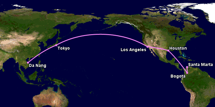 Bay từ Đà Nẵng đến Santa Marta qua Tokyo, Los Angeles, Houston, Bogotá
