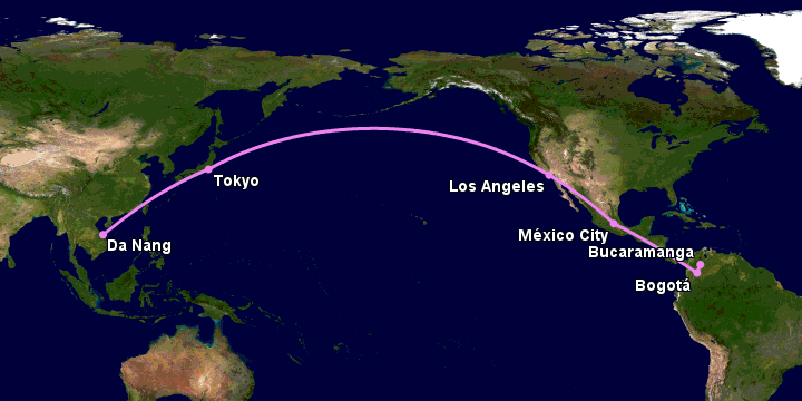 Bay từ Đà Nẵng đến Bucaramanga qua Tokyo, Los Angeles, Mexico City, Bogotá