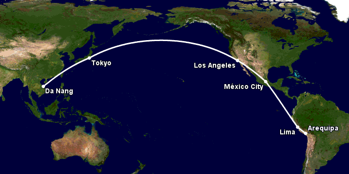 Bay từ Đà Nẵng đến Arequipa qua Tokyo, Los Angeles, Mexico City, Lima
