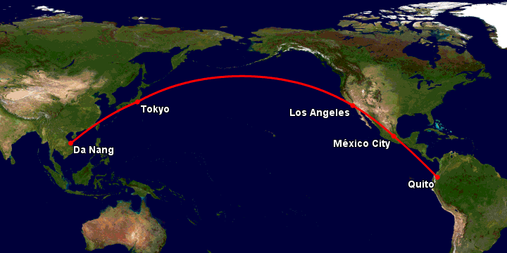 Bay từ Đà Nẵng đến Quito qua Tokyo, Los Angeles, Mexico City