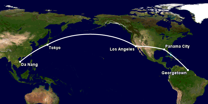 Bay từ Đà Nẵng đến Georgetown GY qua Tokyo, Los Angeles, Panama City