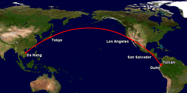 Bay từ Đà Nẵng đến Tulcan qua Tokyo, Los Angeles, San Salvador, Quito