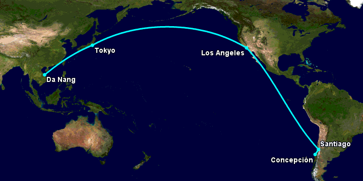 Bay từ Đà Nẵng đến Concepcion qua Tokyo, Los Angeles, Santiago