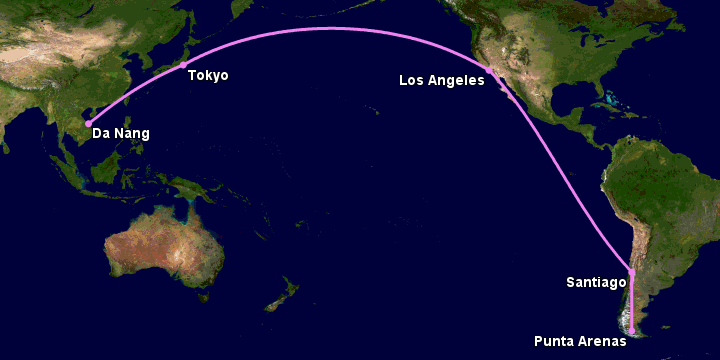 Bay từ Đà Nẵng đến Punta Arenas qua Tokyo, Los Angeles, Santiago