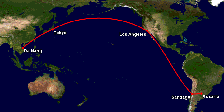 Bay từ Đà Nẵng đến Rosario qua Tokyo, Los Angeles, Santiago