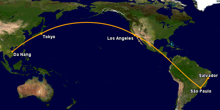 Bay từ Đà Nẵng đến Salvador qua Tokyo, Los Angeles, Sao Paulo