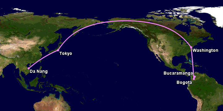 Bay từ Đà Nẵng đến Bucaramanga qua Tokyo, Washington DC, Bogotá