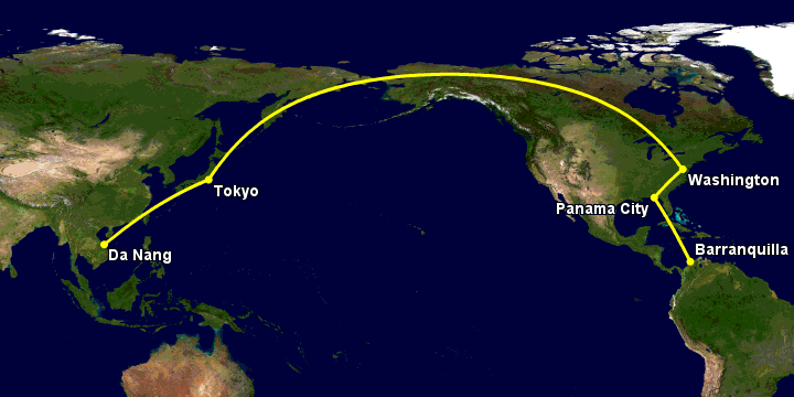 Bay từ Đà Nẵng đến Barranquilla qua Tokyo, Washington DC, Panama City