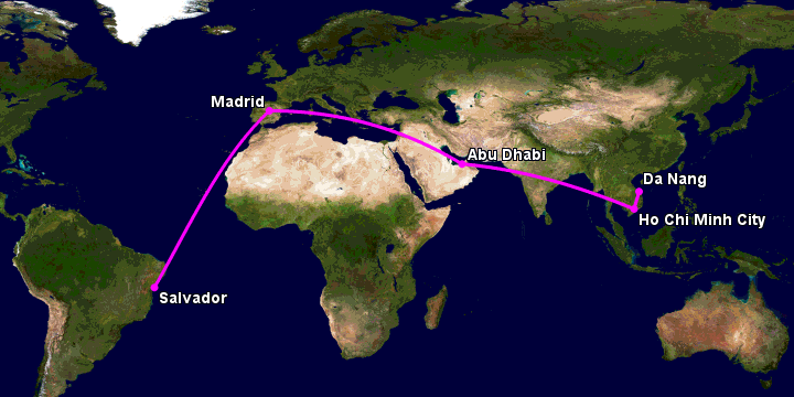 Bay từ Đà Nẵng đến Salvador qua TP HCM, Abu Dhabi, Madrid
