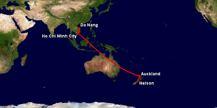 Bay từ Đà Nẵng đến Nelson qua TP HCM, Auckland