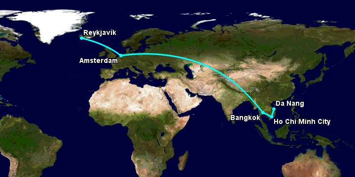 Bay từ Đà Nẵng đến Reykjavik qua TP HCM, Bangkok, Amsterdam