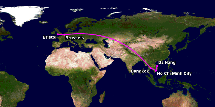 Bay từ Đà Nẵng đến Bristol qua TP HCM, Bangkok, Brussels