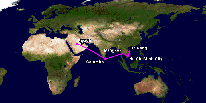 Bay từ Đà Nẵng đến Riyadh qua TP HCM, Bangkok, Colombo