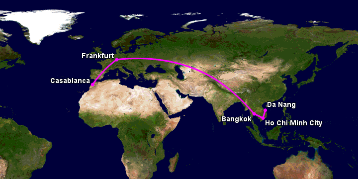 Bay từ Đà Nẵng đến Casablanca Cmn qua TP HCM, Bangkok, Frankfurt