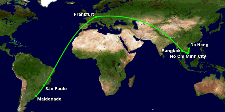 Bay từ Đà Nẵng đến Punta Del Este qua TP HCM, Bangkok, Frankfurt, Sao Paulo