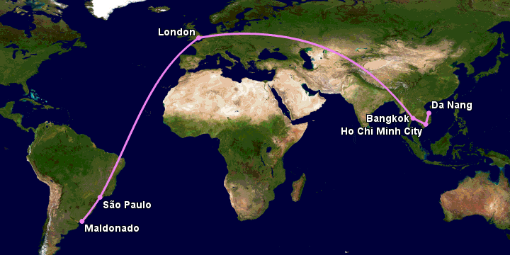 Bay từ Đà Nẵng đến Punta Del Este qua TP HCM, Bangkok, London, Sao Paulo