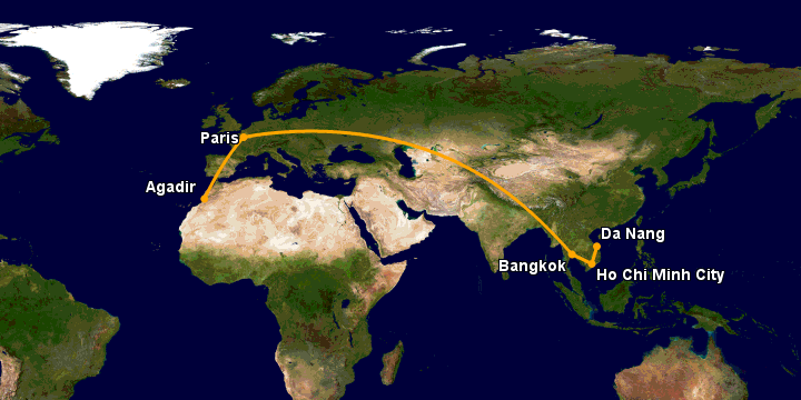 Bay từ Đà Nẵng đến Agadir qua TP HCM, Bangkok, Paris