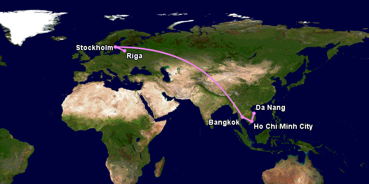 Bay từ Đà Nẵng đến Riga qua TP HCM, Bangkok, Stockholm