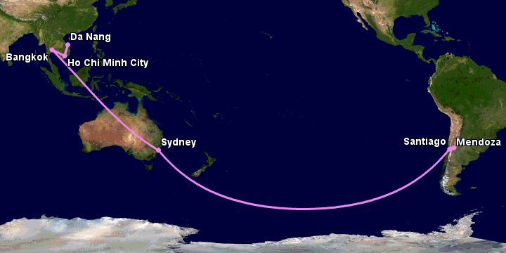 Bay từ Đà Nẵng đến Mendoza qua TP HCM, Bangkok, Sydney, Santiago