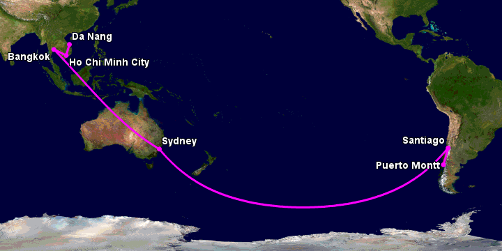 Bay từ Đà Nẵng đến Puerto Montt qua TP HCM, Bangkok, Sydney, Santiago