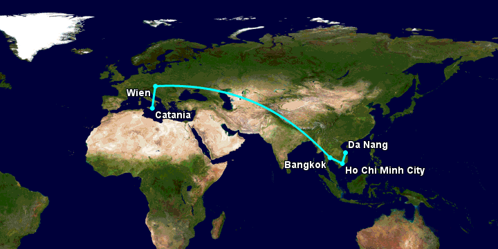 Bay từ Đà Nẵng đến Catania qua TP HCM, Bangkok, Vienna