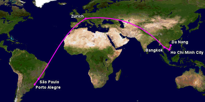Bay từ Đà Nẵng đến Porto Alegre qua TP HCM, Bangkok, Zürich, Sao Paulo