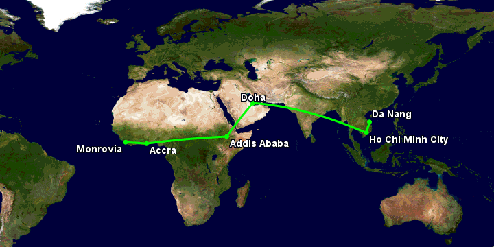 Bay từ Đà Nẵng đến Monrovia Rob qua TP HCM, Doha, Addis Ababa, Accra