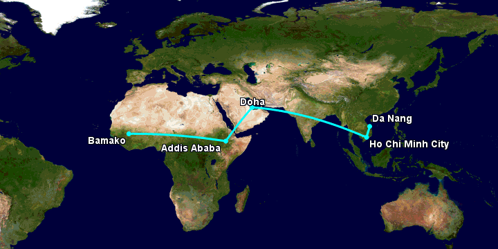 Bay từ Đà Nẵng đến Bamako qua TP HCM, Doha, Addis Ababa