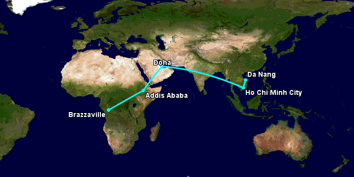 Bay từ Đà Nẵng đến Brazzaville qua TP HCM, Doha, Addis Ababa