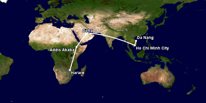 Bay từ Đà Nẵng đến Harare qua TP HCM, Doha, Addis Ababa