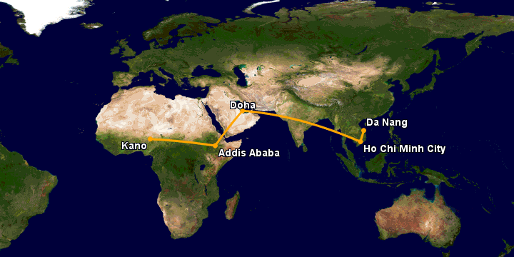 Bay từ Đà Nẵng đến Kano qua TP HCM, Doha, Addis Ababa