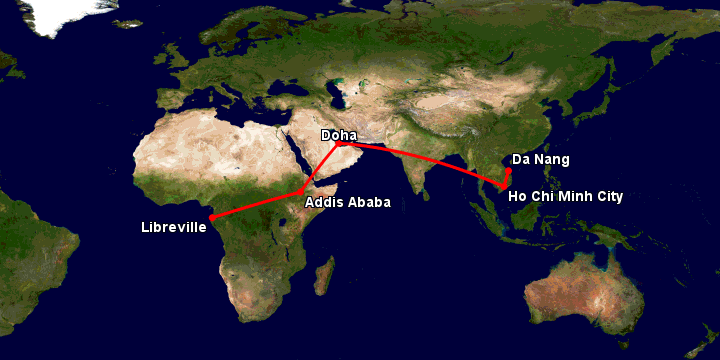 Bay từ Đà Nẵng đến Libreville qua TP HCM, Doha, Addis Ababa