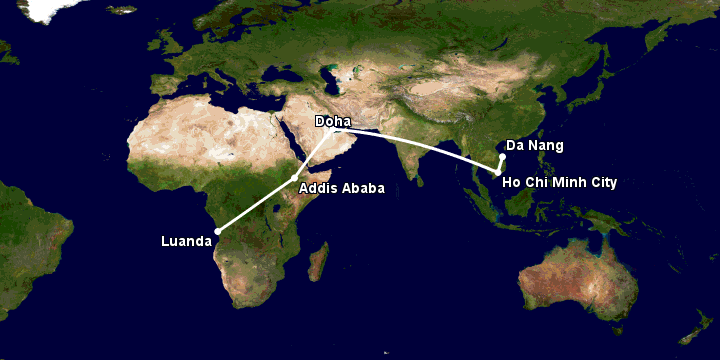Bay từ Đà Nẵng đến Luanda qua TP HCM, Doha, Addis Ababa