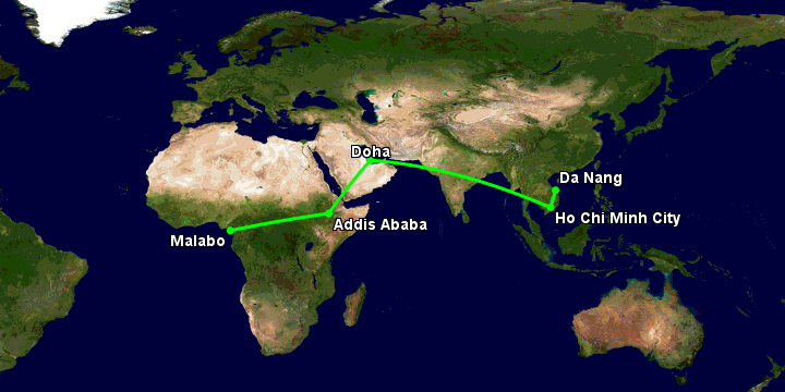Bay từ Đà Nẵng đến Malabo qua TP HCM, Doha, Addis Ababa