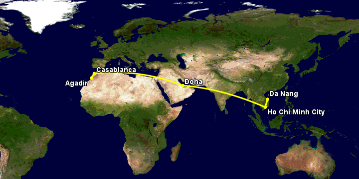 Bay từ Đà Nẵng đến Agadir qua TP HCM, Doha, Casablanca