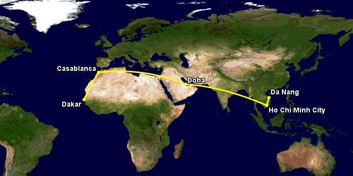 Bay từ Đà Nẵng đến Dakar qua TP HCM, Doha, Casablanca