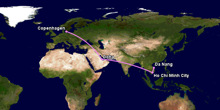 Bay từ Đà Nẵng đến Copenhagen qua TP HCM, Doha