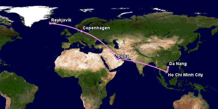 Bay từ Đà Nẵng đến Reykjavik qua TP HCM, Doha, Copenhagen