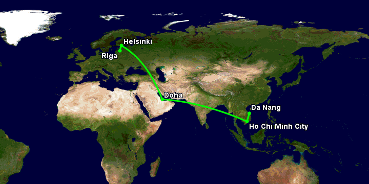 Bay từ Đà Nẵng đến Riga qua TP HCM, Doha, Helsinki