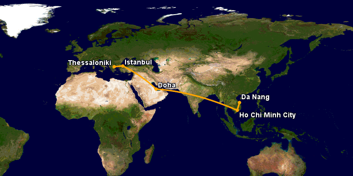 Bay từ Đà Nẵng đến Thessaloniki qua TP HCM, Doha, Istanbul